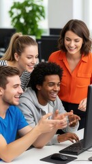Obraz premium Diverse group of young adults collaborating on computer. Modern office setting with bright lighting.