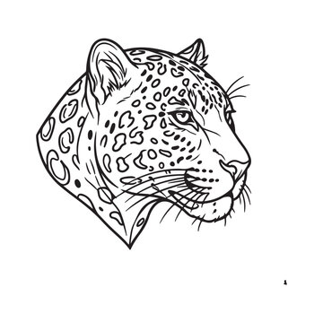 Stylized black and white line of a leopard head, featuring intricate spot patterns, isolated on a white background
