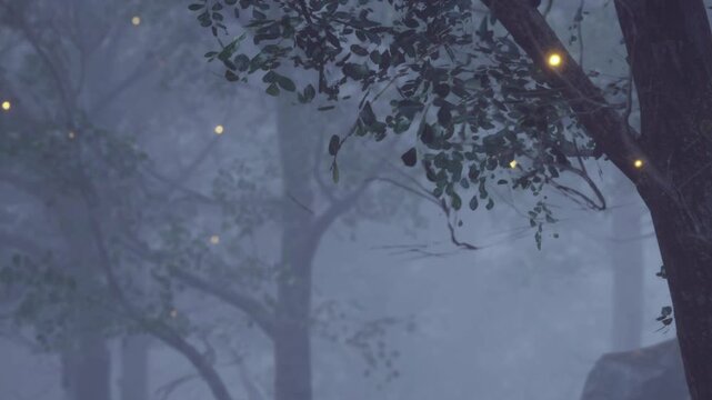 A forest scene shows trees shrouded in mist during the evening. Small lights glow softly among the branches, creating a cozy atmosphere. The setting feels magical and inviting.