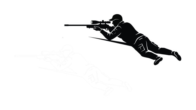 Silhouette and line art illustration of a military sniper laying prone aiming with a scoped rifle