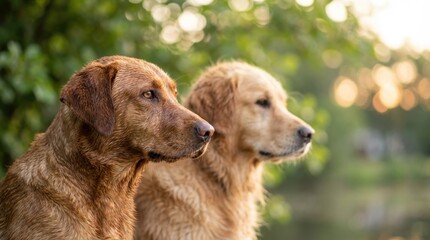 Obraz premium Two beautiful golden retrievers looking into the distance with a soft focus background of green foliage and sunlight.