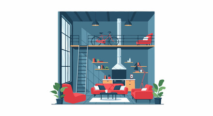 A modern loft apartment with red furniture a bicycle on a mezzanine and large windows © Kolam