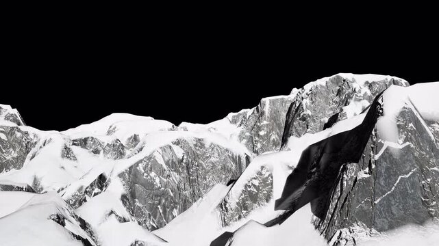 Snowy mountain peaks with alpha channel, winter mountain range on transparent background, cinematic snow covered rocky ridge for vfx