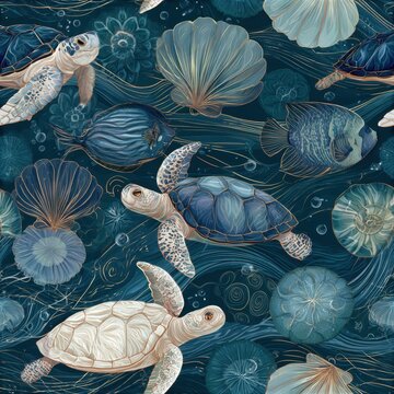 Oceanic Blue Sea Turtles and Fish with Coral and Shells Below