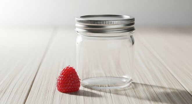 Fresh raspberry beside empty glass jar.