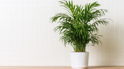 Fototapeta premium Potted green plant in white container on wooden surface with tiled wall background