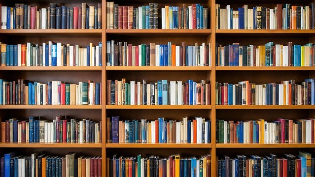 Modern workplace with notebook on desk and bookshelf background in a library or study room. Concept of education, productivity, research, reading, learning, academic work, knowledge management,