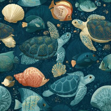 Underwater wildlife seamless pattern with sea turtles, fish, and shells