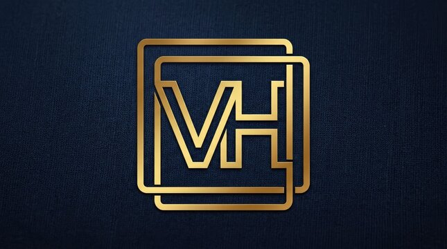 Gold VH letter logo in squares on dark fabric.