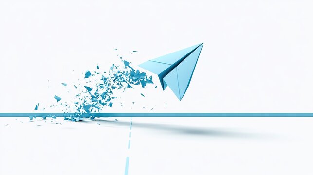 Minimal digital artwork of light blue paper airplane flying upward breaking flat horizontal blue structure, fragmented geometric shards spreading outward in arc shape, vertical dotted trail line