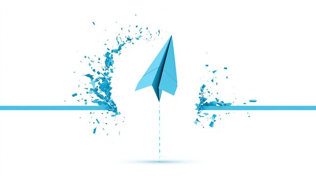 Minimal digital artwork of light blue paper airplane flying upward breaking flat horizontal blue structure, fragmented geometric shards spreading outward in arc shape, vertical dotted trail line