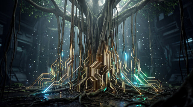 B2B concept metaphor of root circuit banyan tree network representing sustainable technology and ESG integration