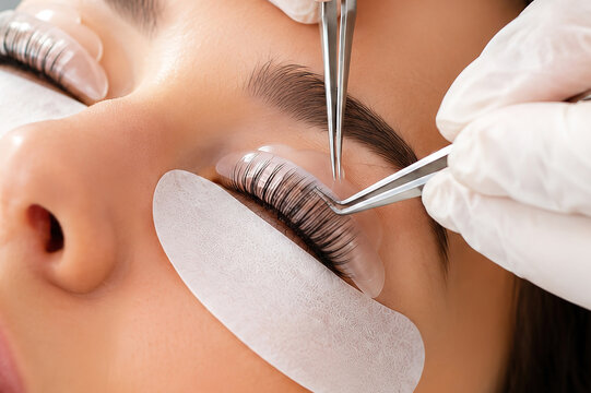 Young woman undergoing professional eyelash lamination treatment in a beauty salon. Closeup of long lifted lashes during cosmetic procedure, concept of skincare, beauty care, self care, aesthetics.