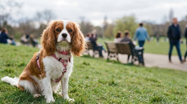 Adorable Cavalier King Charles Spaniel Dog Posing Gracefully on Green Grass in Park.