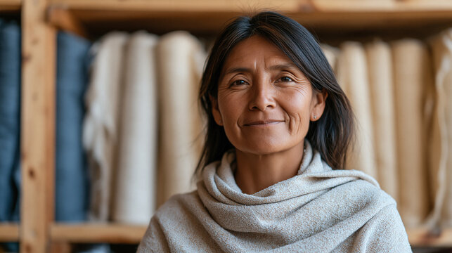 Bolivian micro loan recipient business owner stands proudly inside her newly stocked textile workshop, rows of handwoven fabric bolts behind her, low angle hero shot emphasizing