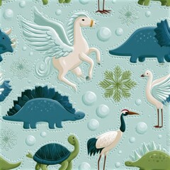 Fototapeta premium Fantasy Animal and Dinosaur Seamless Pattern for Children's Design