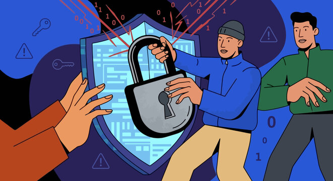 Cyber security concept with man holding padlock against shield