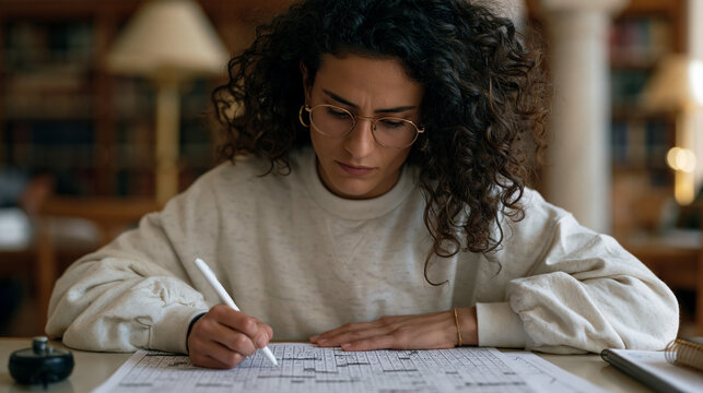Colombian competitive crossword solver bent over a tournament grid at a library table, stopwatch beside the puzzle sheet, intense concentration on her face as her pen races across
