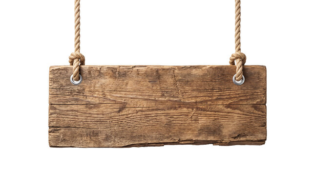 Rustic Wooden Sign Hanging by Ropes, Isolated Cutout PNG