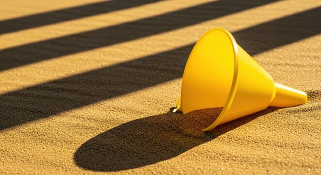 A vibrant yellow plastic funnel is half-buried in hot golden beach sand under intense bright summer sunlight creating stark shadows, sand, golden, bright