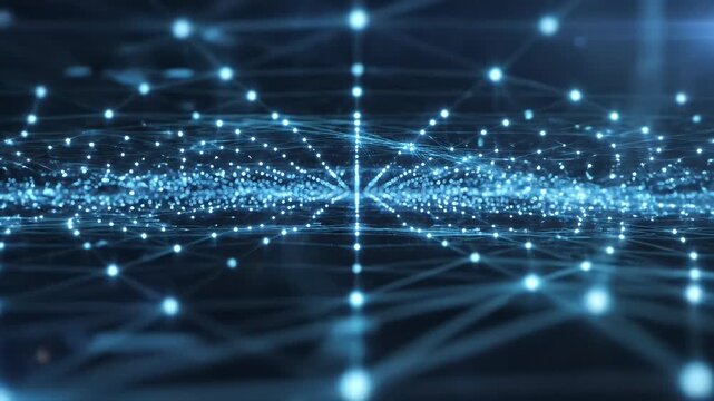 Abstract Blue Network of Glowing Nodes - A dynamic digital landscape of interconnected glowing nodes and lines creating a network pattern.