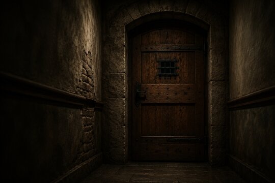 Closed heavy oak door in dim corridor, chiaroscuro lighting, cinematic mood.