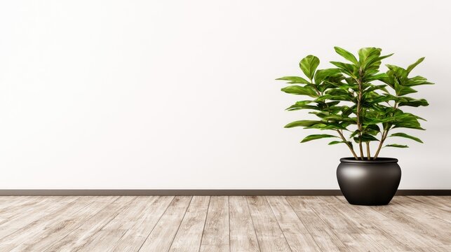 Minimalist room with a potted green plant on wooden floor near a plain white wall