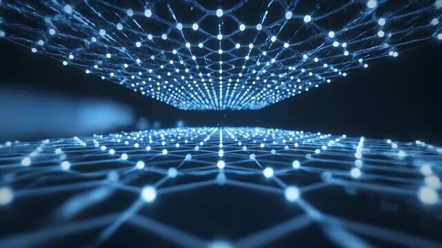Glowing Interconnected Network on Dark Background - This video features two interconnected blue networks with glowing dots on a dark background, creating a futuristic and technological aesthetic.