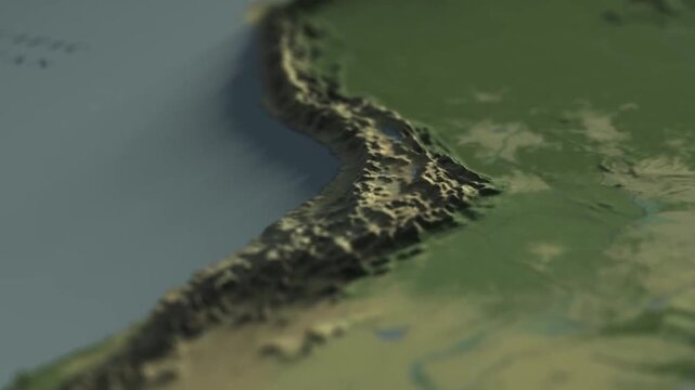 3D stylised map of South America continent with topography and ocean labels