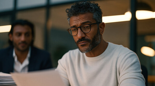 Corporate attorney reviewing H1B sponsorship documents with a South Asian software engineer in a glass-walled office, harsh fluorescent overhead light, stacks of federal forms,
