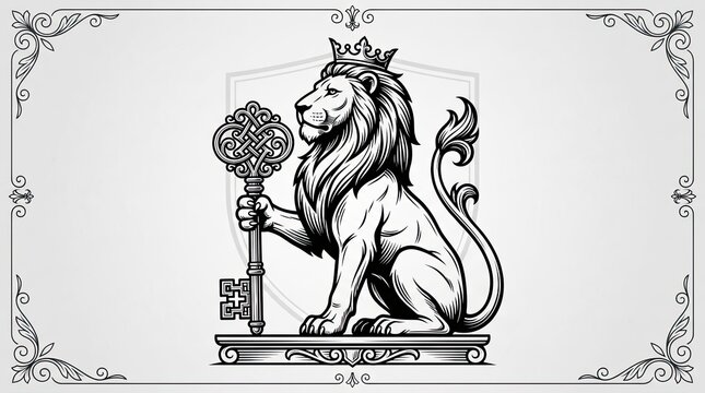 Vintage lion holding key black and white line art.