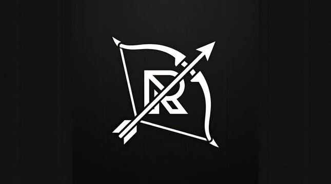 White bow and arrow logo with letter R