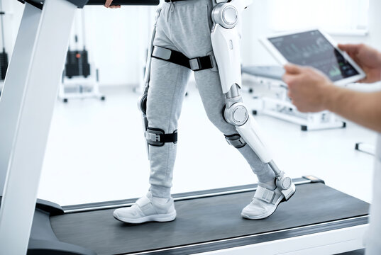 Person walking on a treadmill wearing a robotic exoskeleton in a modern clinical rehabilitation center