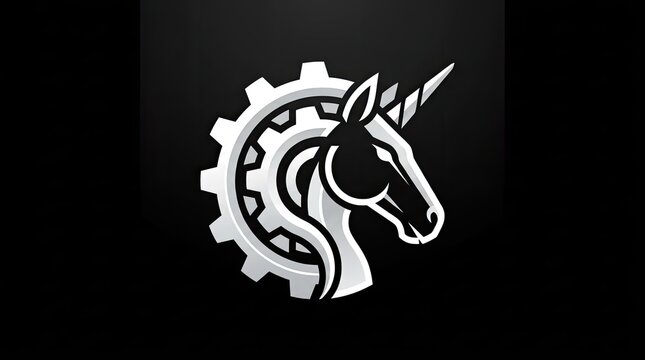 White unicorn head silhouette inside mechanical gear