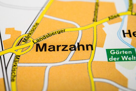 Macro photo of Marzahn Berlin district on colorful city map.