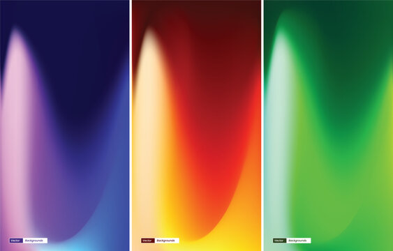 Set of abstract vertical phone wallpapers with smooth mesh gradients and vibrant aurora like wave glows in blue, red orange, and neon green.