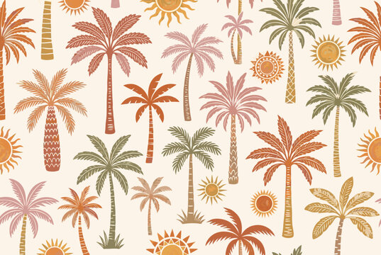 Colorful palm tree seamless pattern with tropical coconut palms decorative suns and warm boho colors