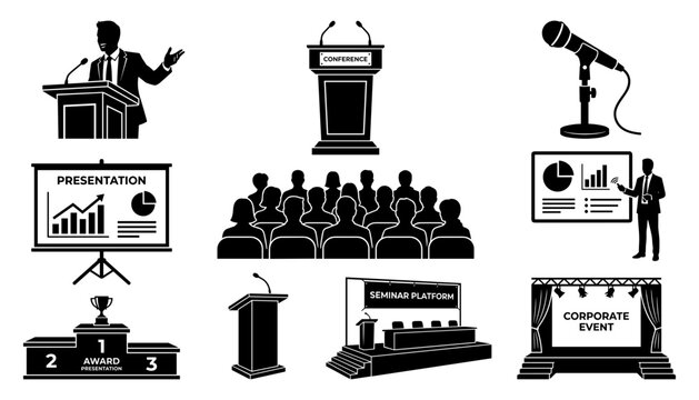 Conference Podiums and Stages with Speakers and Audience for Corporate Events and Presentations Featuring Podium, Stage, Speaker