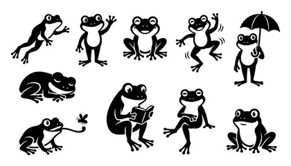 Fototapeta premium Frogs in Various Poses and Activities, Illustrated in Black and White Featuring Amphibians, Animals, Cartoon with Illustration
