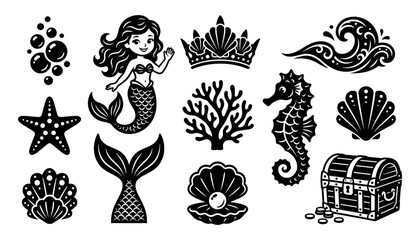 Mermaid and Ocean-Themed Icons Including Starfish, Seashells, Seahorse, Treasure Chest, and Coral Featuring Seashell, Crown, Wave © Afjal12