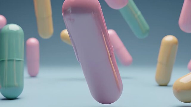 Floating Colorful Capsules on Pale Blue Background - A 3D visualization of floating, glossy capsules in pastel hues including pink, blue, and yellow, set against a pale blue background.