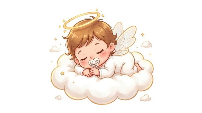 Cute angel baby sleeping on cloud with pacifier