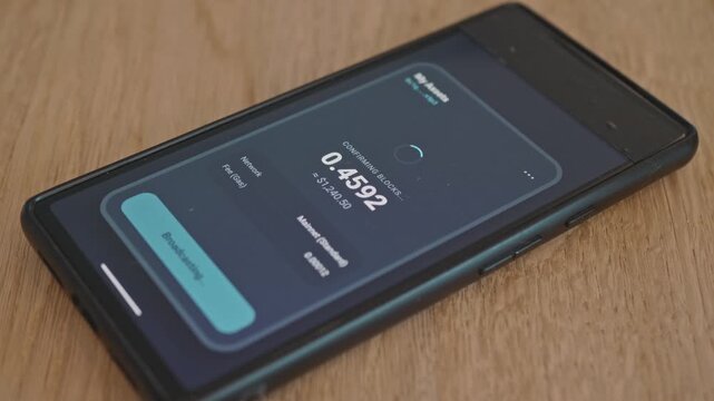 A successful cryptocurrency payment is displayed on the smartphone screen. This illustrates the popularity of cryptocurrency blockchain transfers.