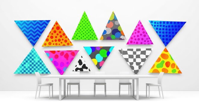 Modern abstract mural featuring thirteen geometric forms gathered around a long dining table, stylized with triangles and colorful patterns, shadows, expressionism, geometric