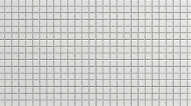 Close-up of white mosaic tile wall with small square ceramic tiles in a neat geometric grid pattern, clean minimal bathroom or kitchen backsplash texture background
