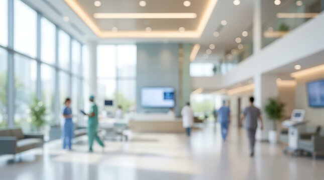 Blurred hospital lobby background medical center hallway interior healthcare clinic nurses doctors walking modern bright atrium facility