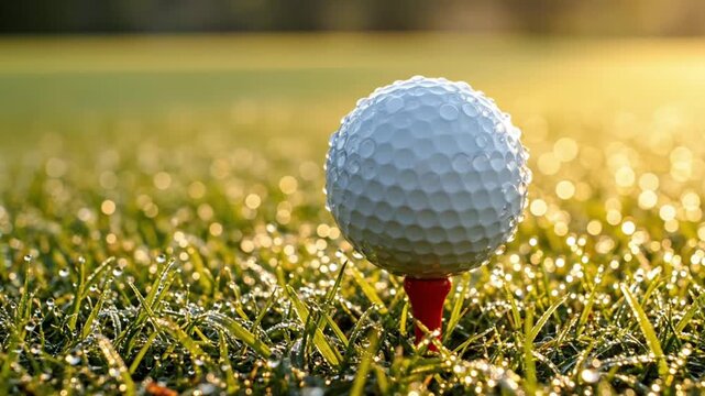 Close up of a white golf ball on a red tee over green grass
