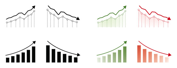 Obraz premium Business chart icons showing growth, decline, analytics, finance, and statistics concepts with bar graphs, line charts, and arrows for market reports, investment analysis, and data visualization.