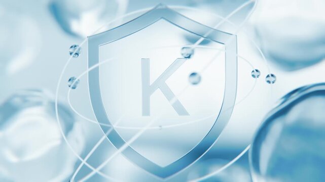 Phylloquinone Vitamin K blue shield symbol in 3D animation. Blood coagulation molecular structure background with transparent liquid cells for medicine and hematology video
