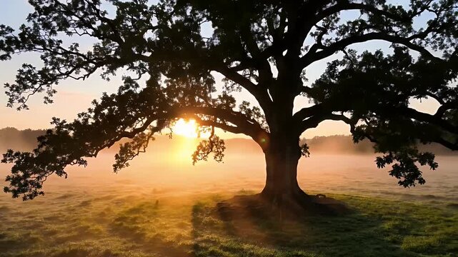 Majestic Sunrise Over Misty Field with Lone Tree - A sprawling tree stands alone in a serene, mist-covered field at sunrise.